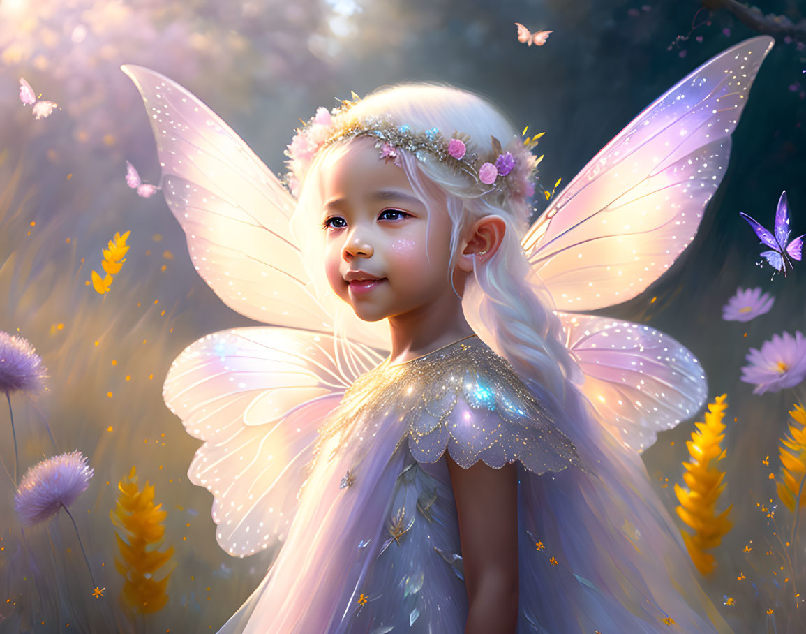 Illustration: Child with butterfly wings in enchanted forest.