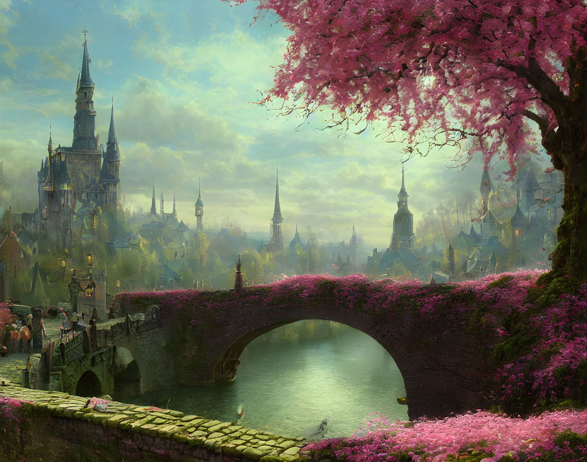 Fantasy landscape with stone bridge, castle, and cherry blossoms