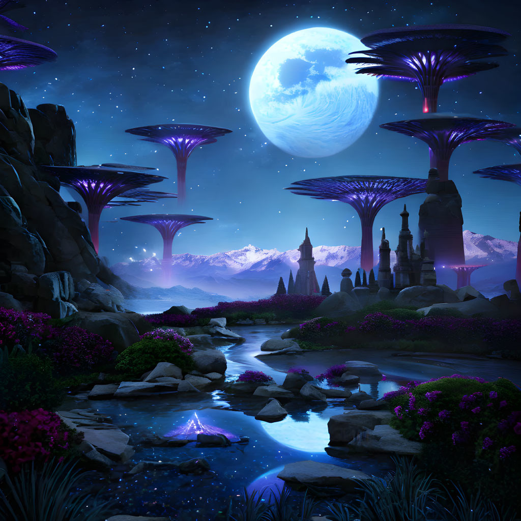 Mystical night landscape with luminescent trees, glowing stream, ancient towers, and large moon