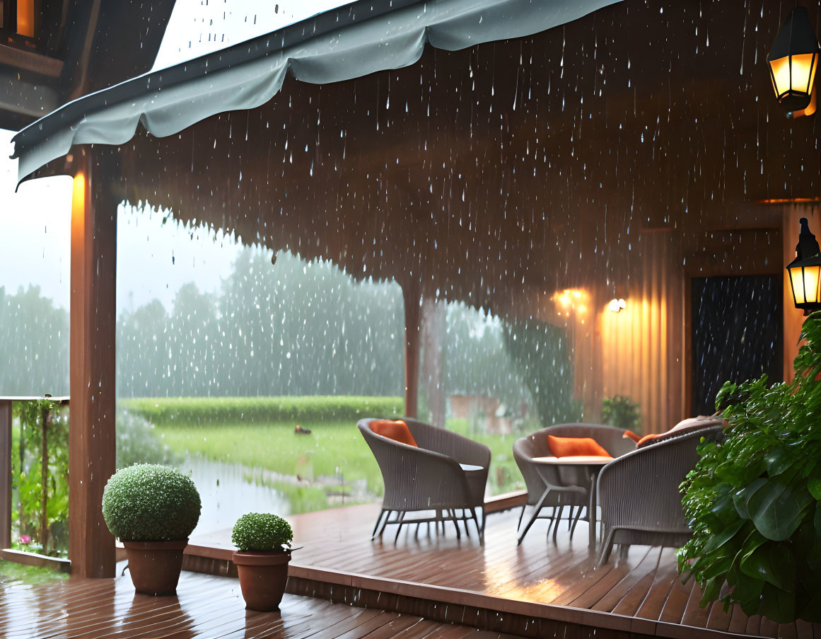 Chairs, potted plants, and rain on porch overlooking yard and lake