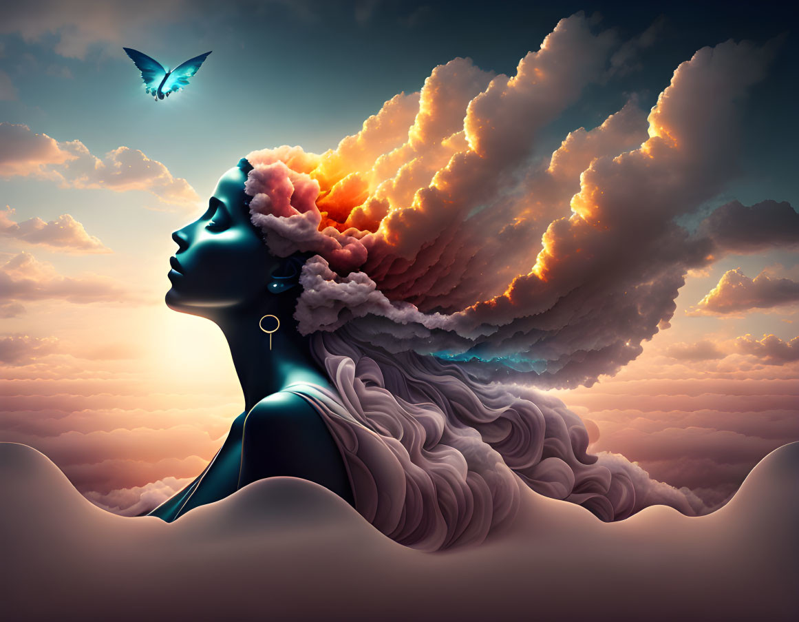 Surreal image: Woman's profile with cloud hair and bird in sky