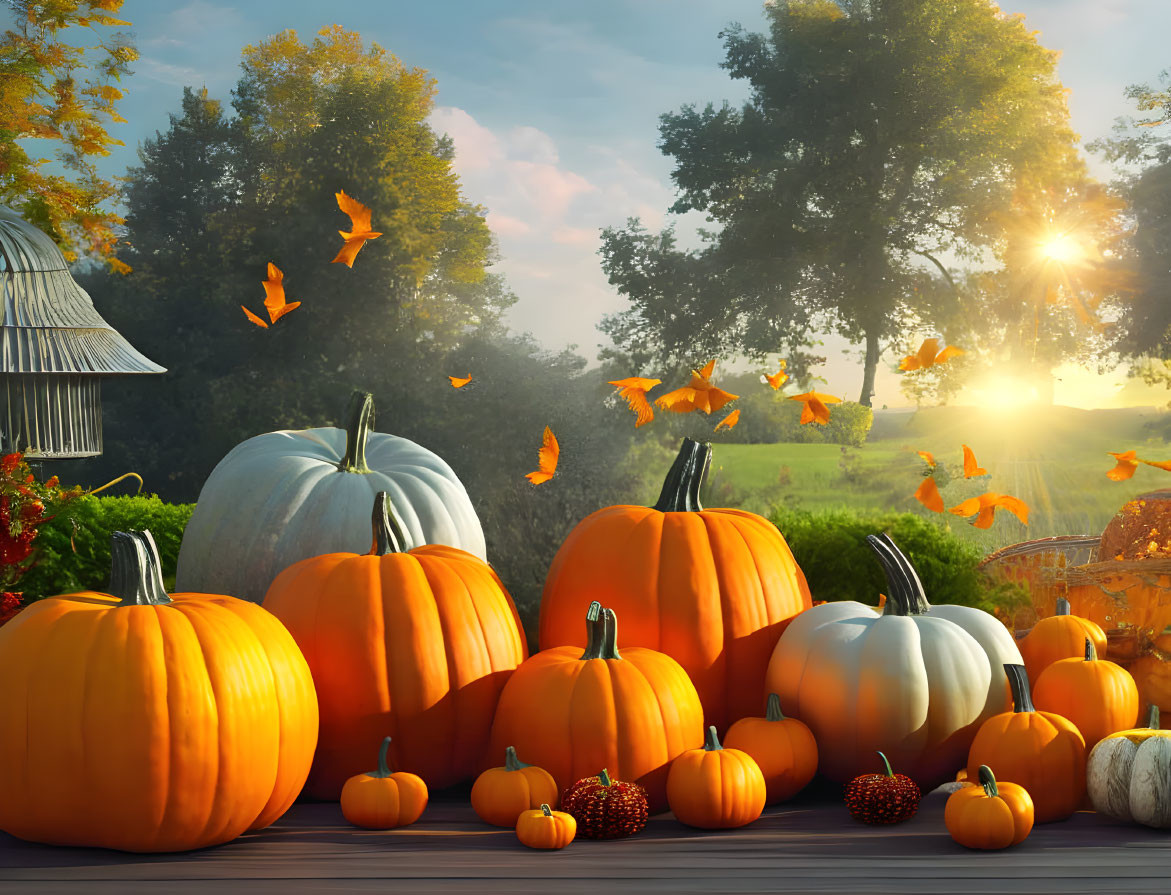 Autumnal scene featuring pumpkins, butterflies, and sunrise