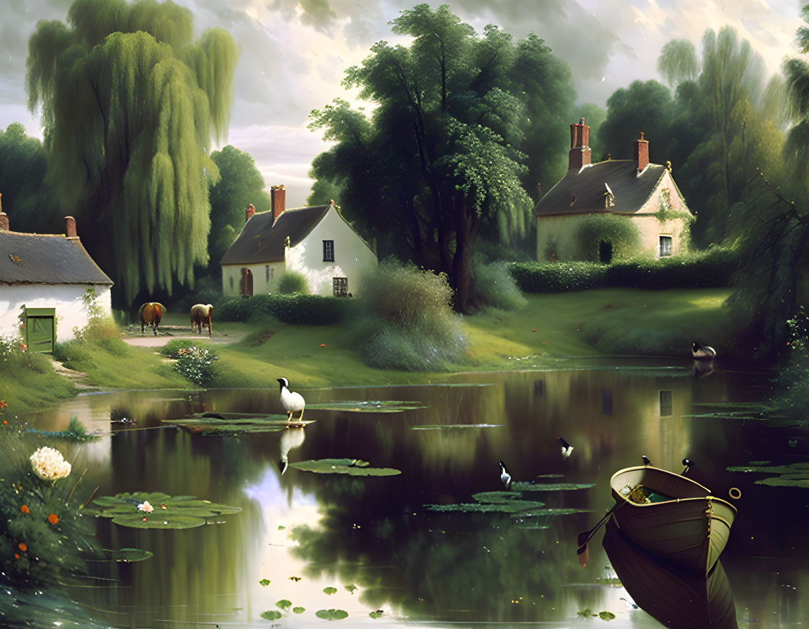 Tranquil Countryside Scene: Thatched Cottages, Pond, Swans, Horses