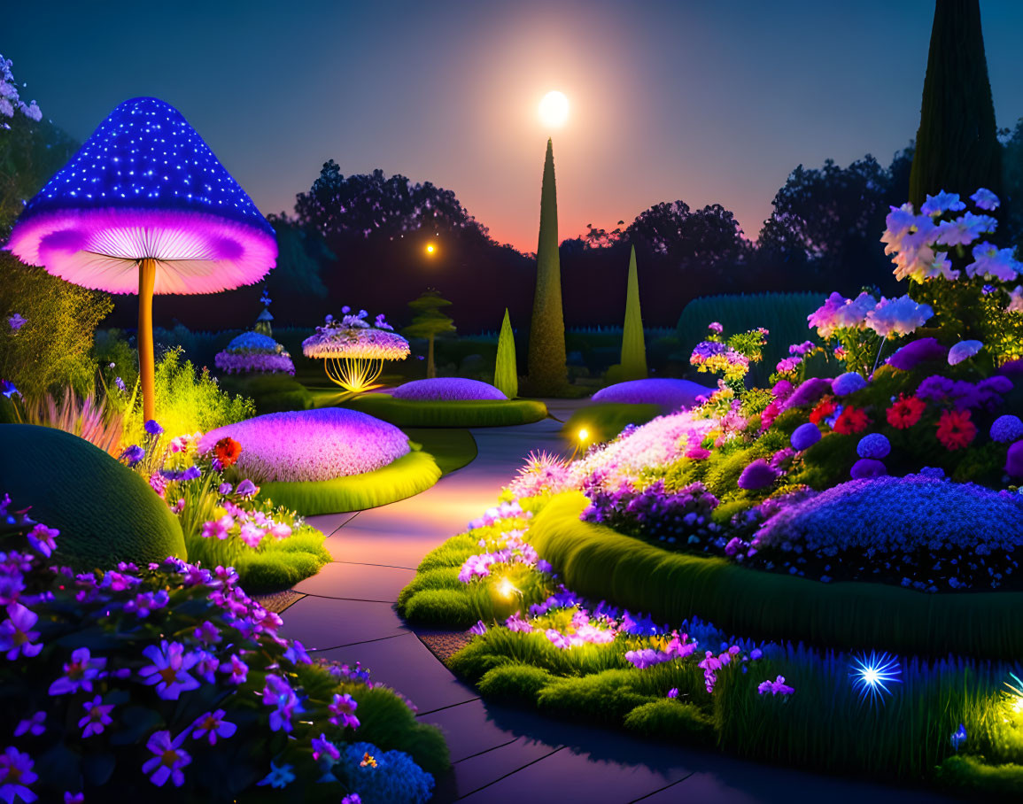 Enchanting dusk garden with oversized mushroom lights & vibrant flowers