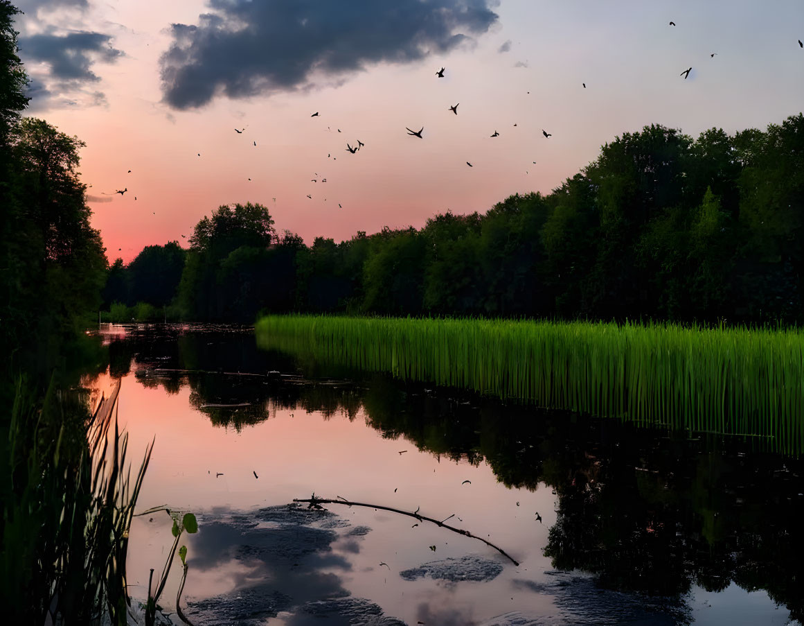 Tranquil river scene at twilight with flying birds and silhouetted trees