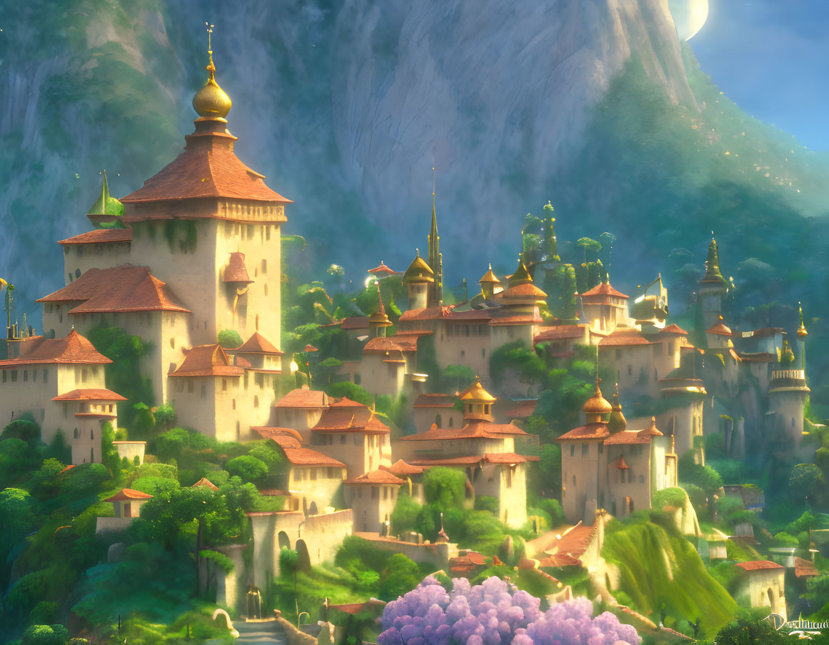 Enchanted golden-roofed castles in lush fantasy landscape