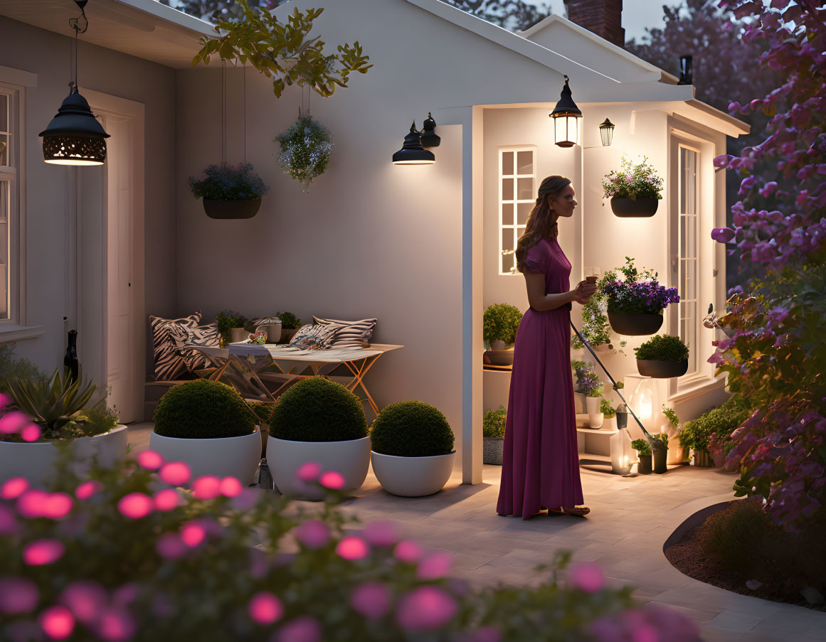 Woman in Pink Dress Watering Flowers on Cozy Patio at Dusk