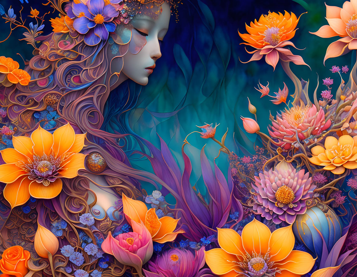 Colorful digital artwork: Woman with floral hair surrounded by intricate flowers on cool background