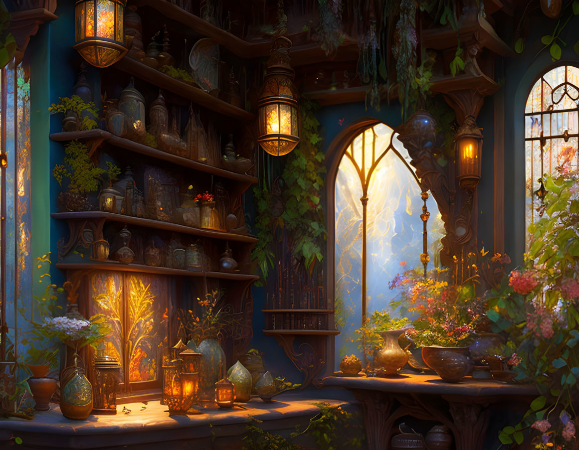 Cozy room with pots, lanterns, and plants in warm sunlight