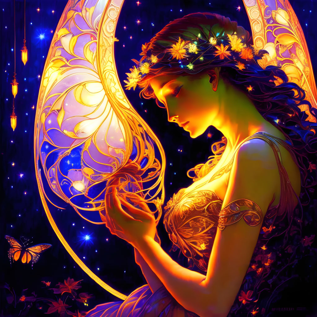 Ethereal woman with floral crown and butterfly lantern in mystical setting