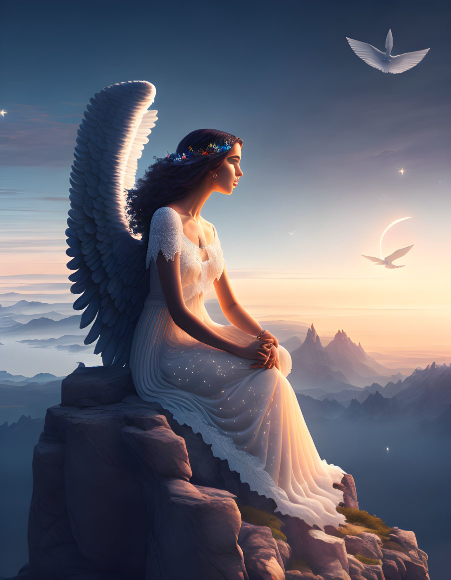 Majestic angel with large wings on mountain at twilight