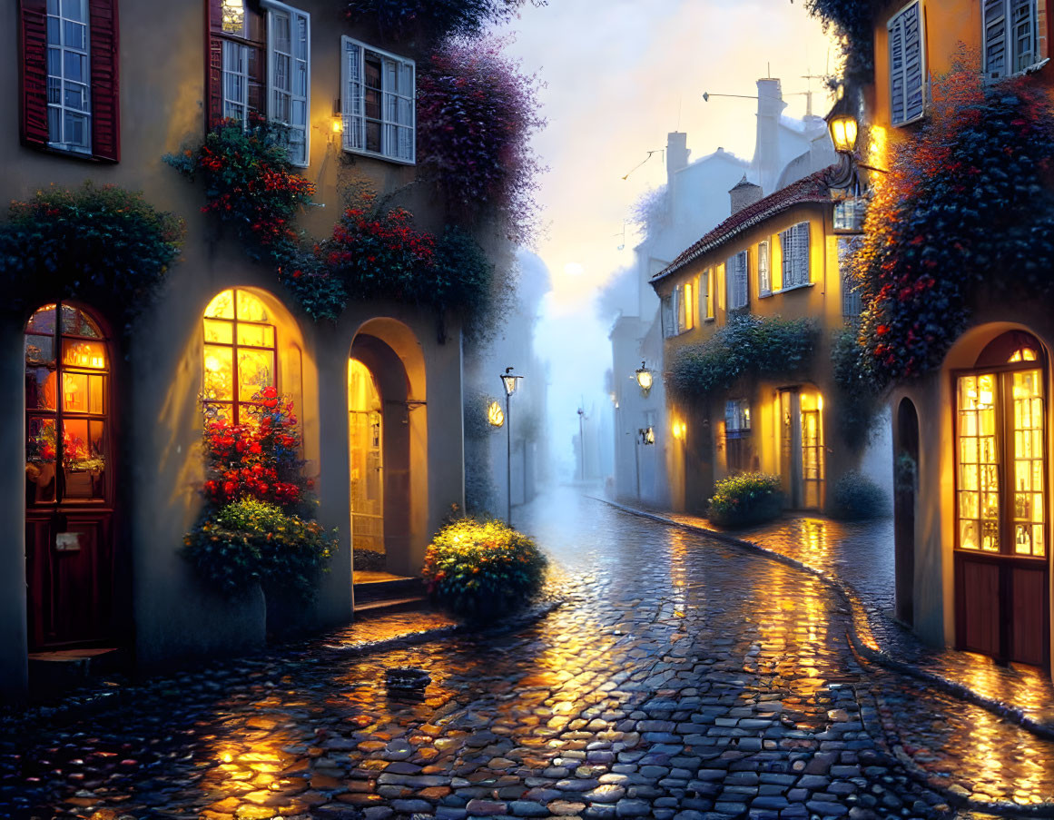 Charming Cobblestone Street Dusk Scene with Glowing Lights and Flowers