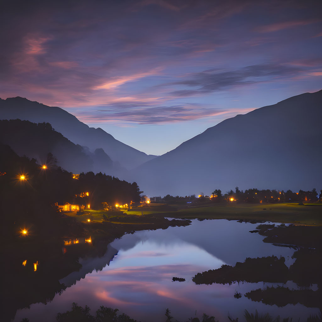 Tranquil valley at twilight with reflecting river and silhouetted mountains