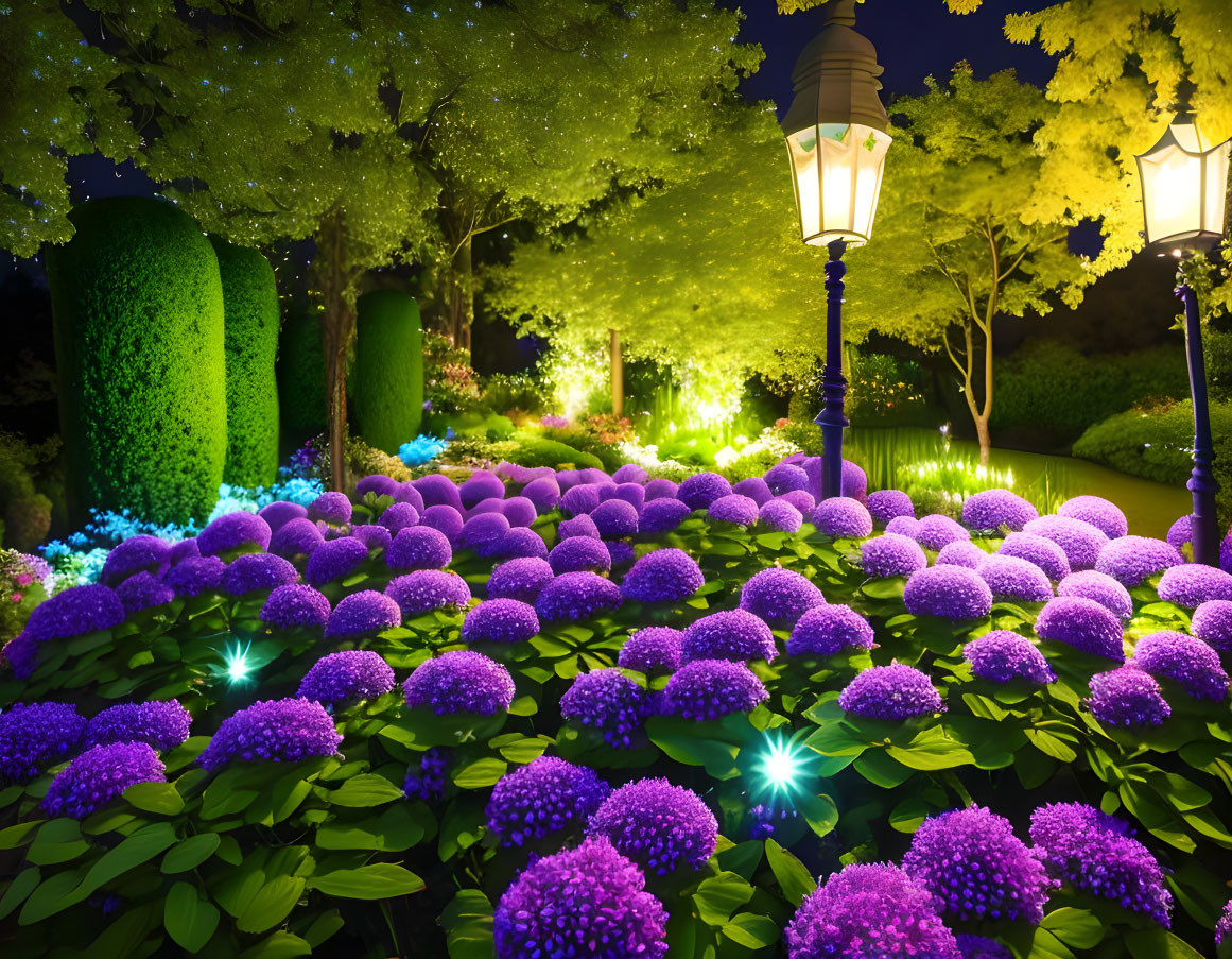 Vibrant nighttime garden with purple flowers, green shrubs, and colorful lights