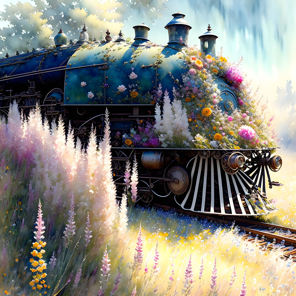 Vintage Steam Train Adorned with Colorful Flowers in Lush Landscape