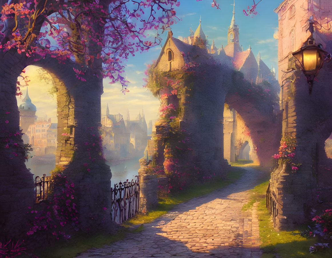 Pink Blossoming Trees Frame Cobblestone Path & Medieval Tower