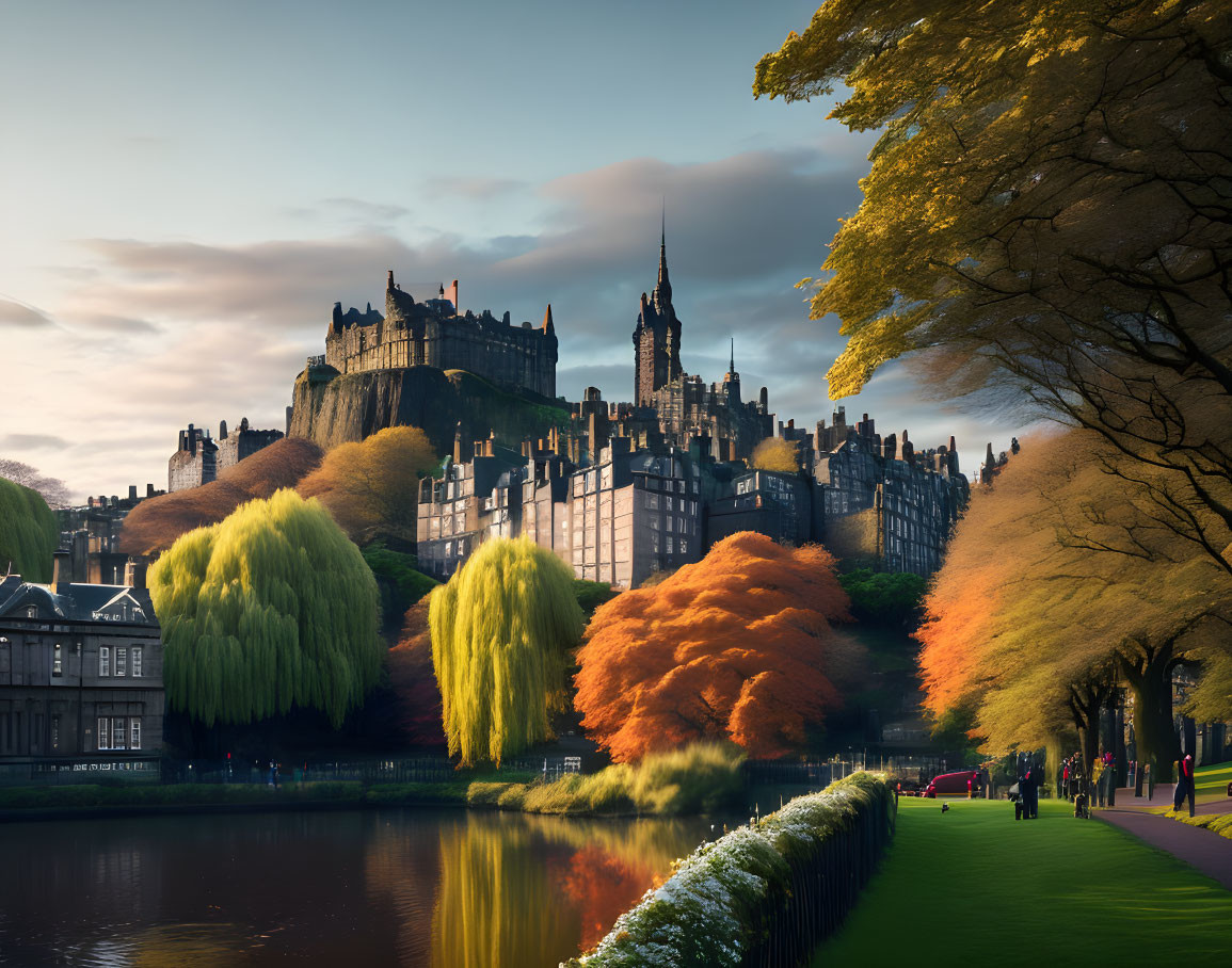 Historic castle on hill overlooking colorful park with river at sunset