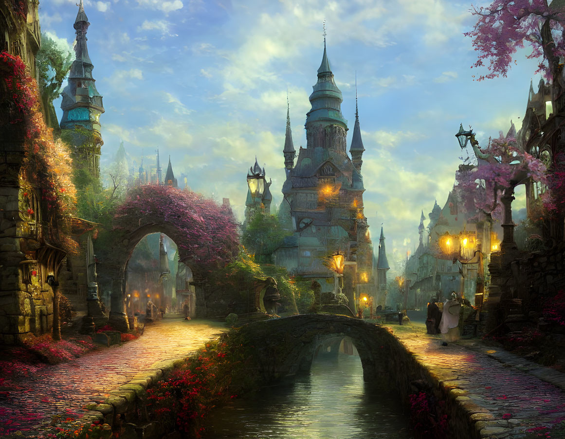 Enchanting fantasy village with cobblestone paths, blooming trees, stone bridge, and orn