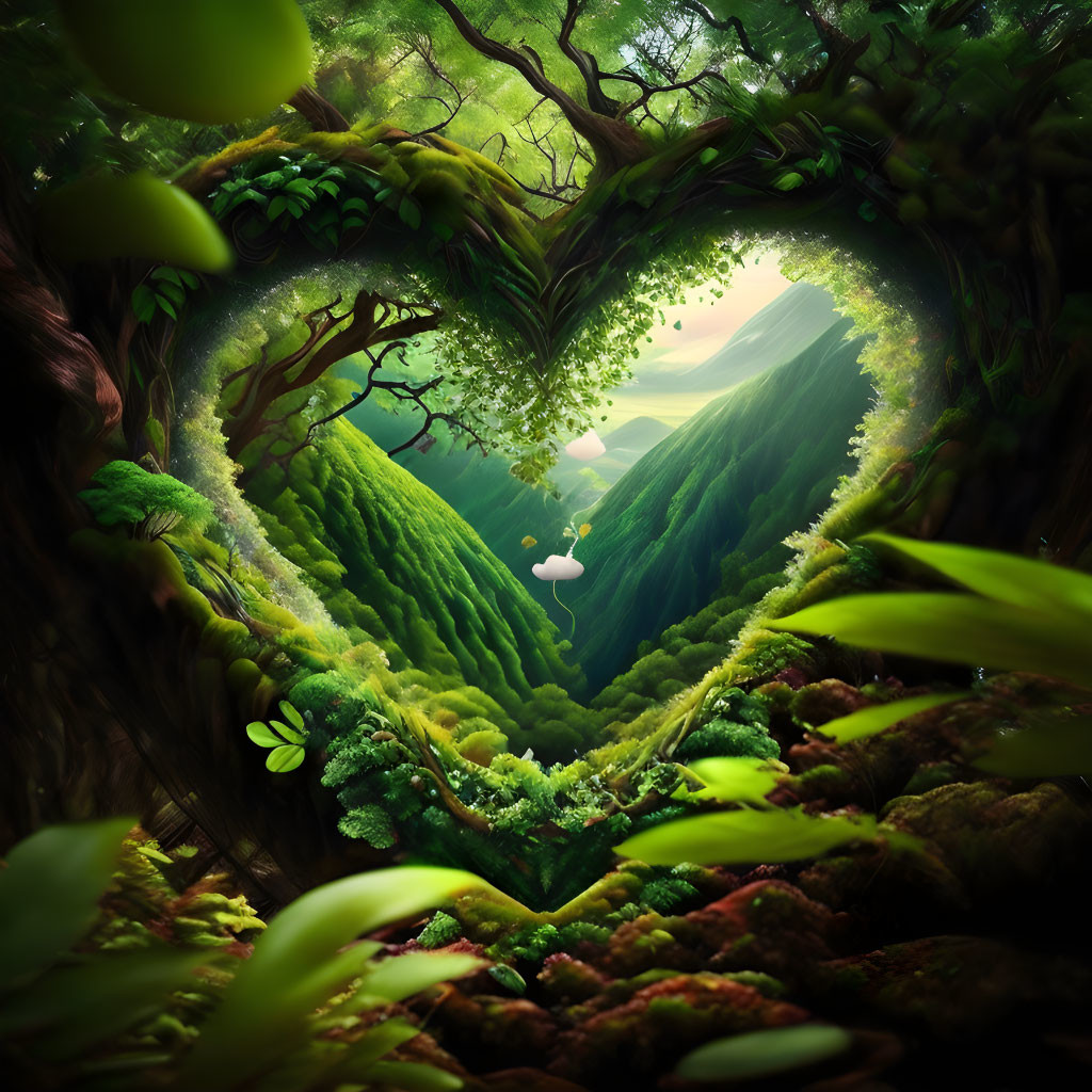 Lush Forest Heart Shape with Butterfly and Sunlight