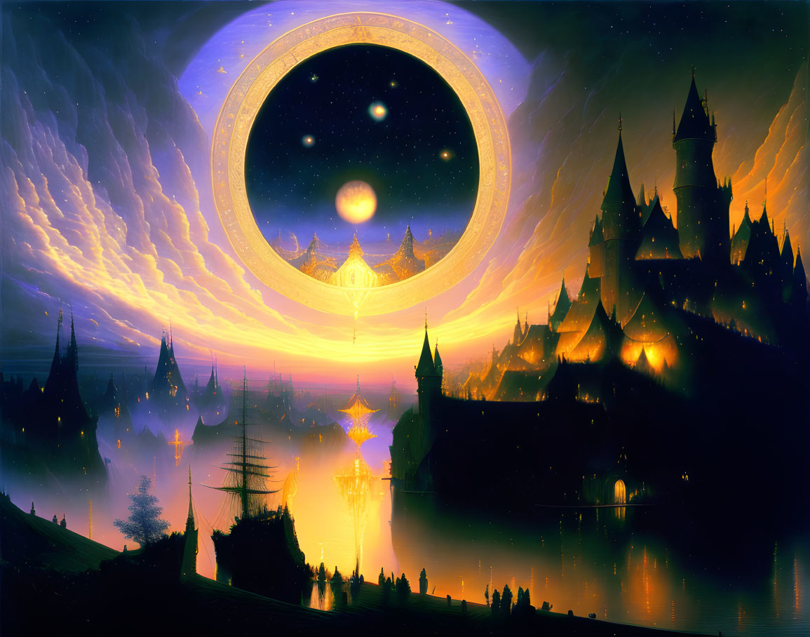 Fantasy twilight landscape with castle, celestial ring, planets, and nebula