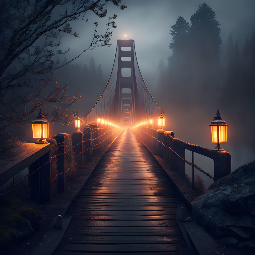 Wooden Bridge and Modern Bridge Silhouette in Foggy Dusk or Dawn