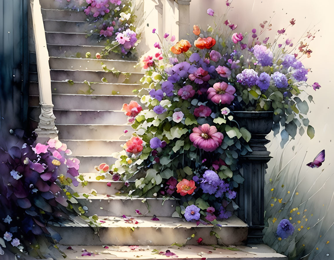 Vibrant flower-adorned stone staircase with purple, pink, and orange petals.