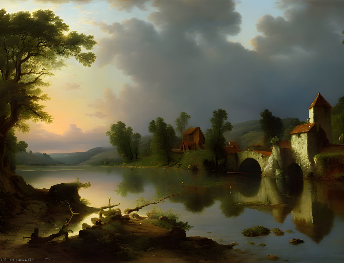 Tranquil river painting with stone bridge, lush trees, and village at dusk