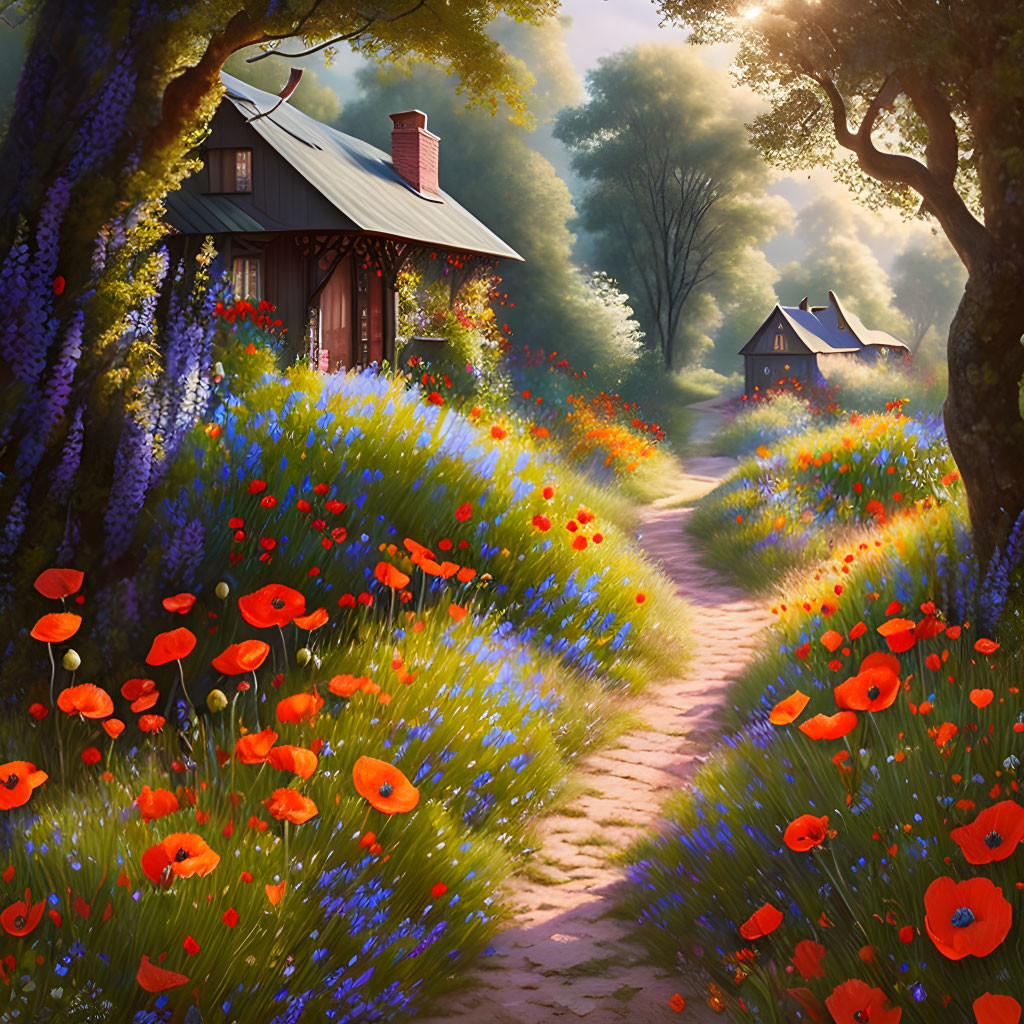 Tranquil Path with Red Poppies and Purple Flowers Amid Green Landscape