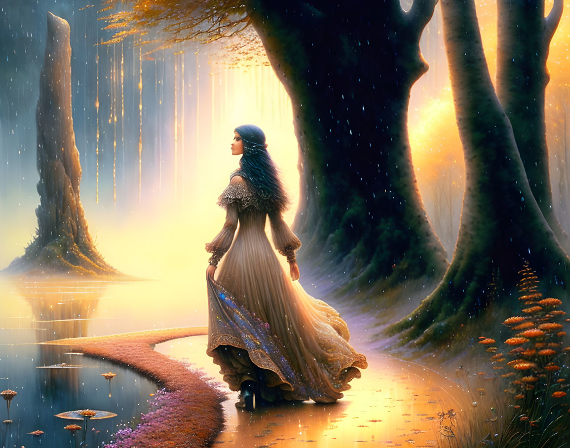 Woman in flowing dress walks mystical forest path with golden light.