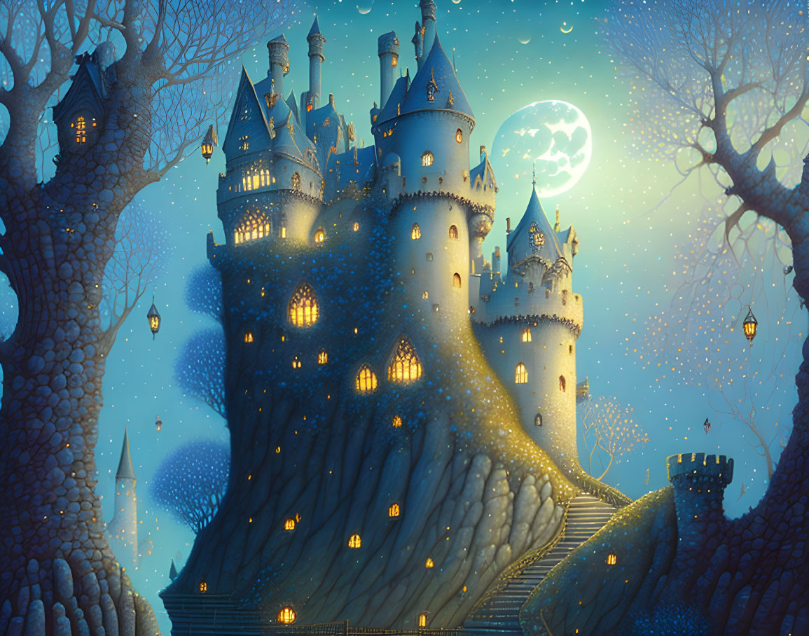 Moonlit castle surrounded by golden lights and lanterns in forest setting