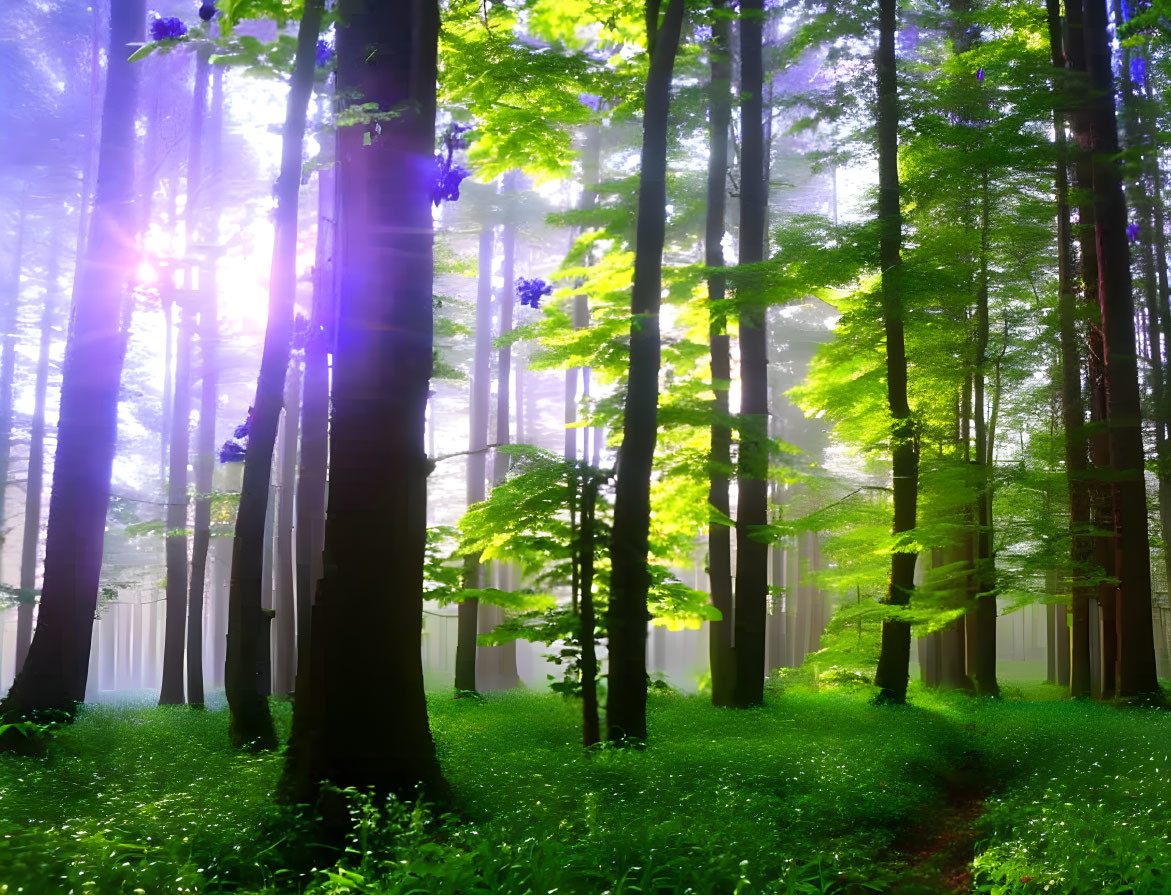 Lush Forest Scene with Sunlight, Green Undergrowth, and Mist