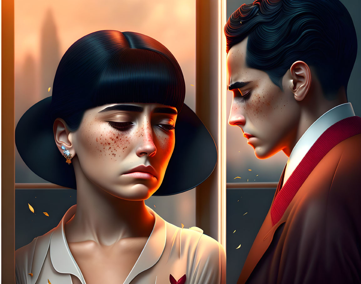 Stylized characters in profile with emotional expressions on orange backdrop