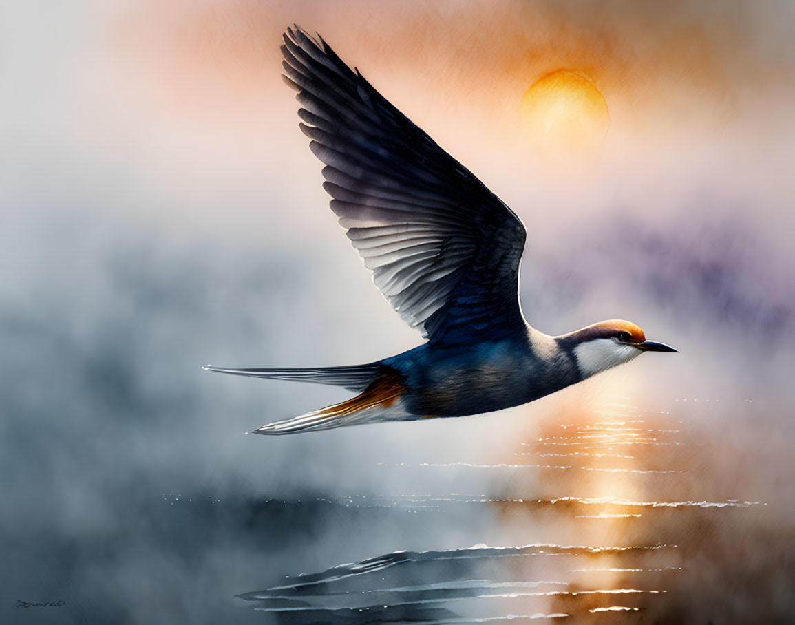 Bird in Flight at Sunset Reflecting on Water