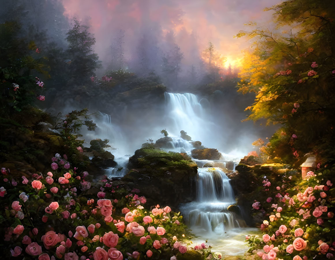 Tranquil landscape with waterfall, pink roses, and sunset sky