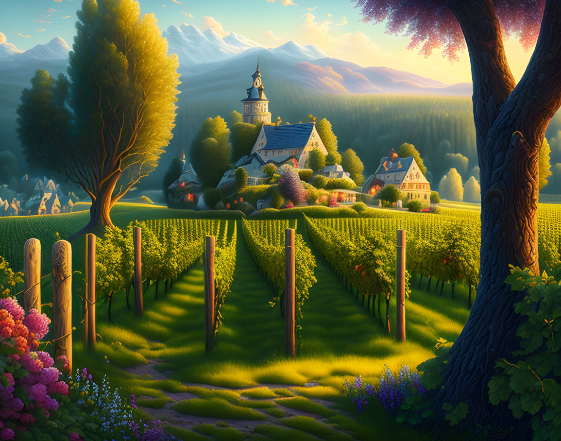 Scenic sunrise landscape with church, vineyards, mountains, and tree