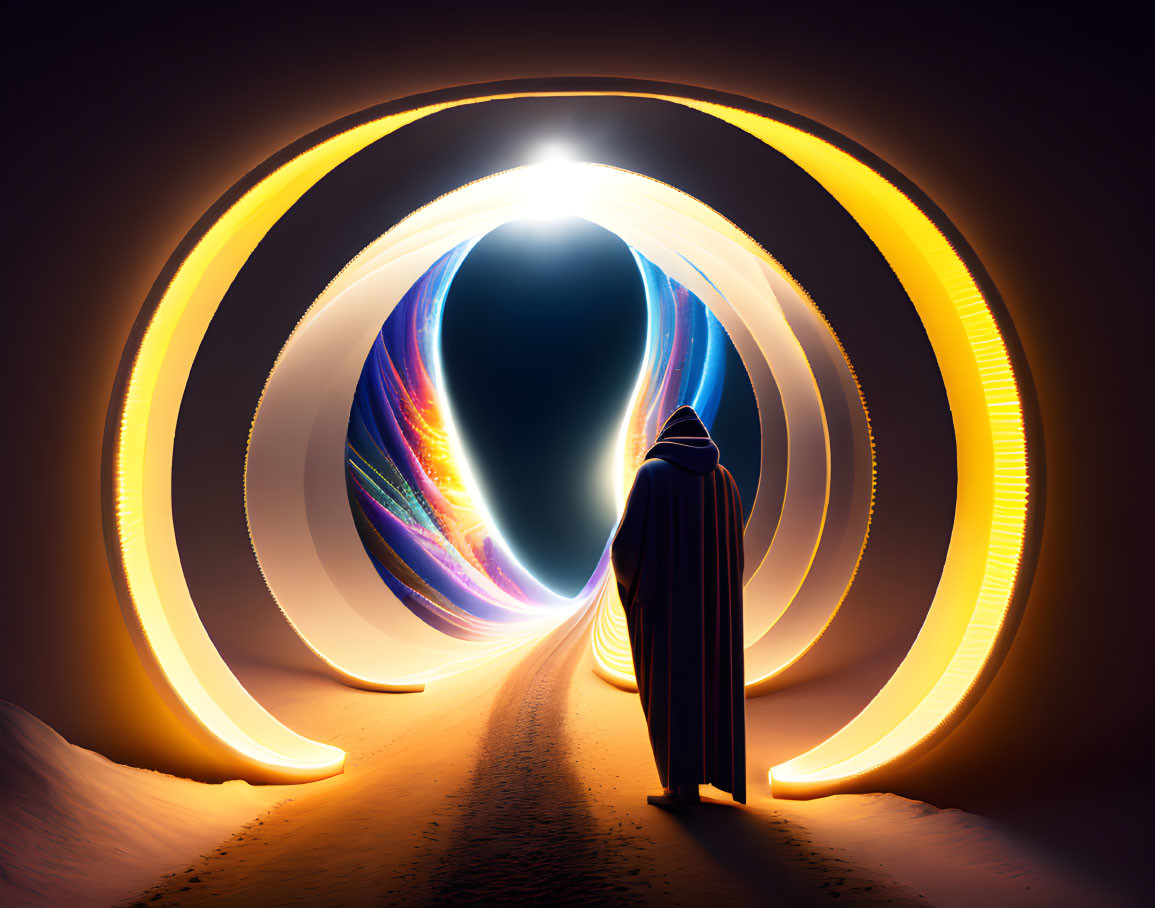 Robed Figure Standing Before Glowing Portal in Desert Landscape