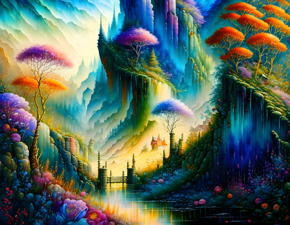 Colorful fantasy landscape with waterfalls, cottage, and sunset sky