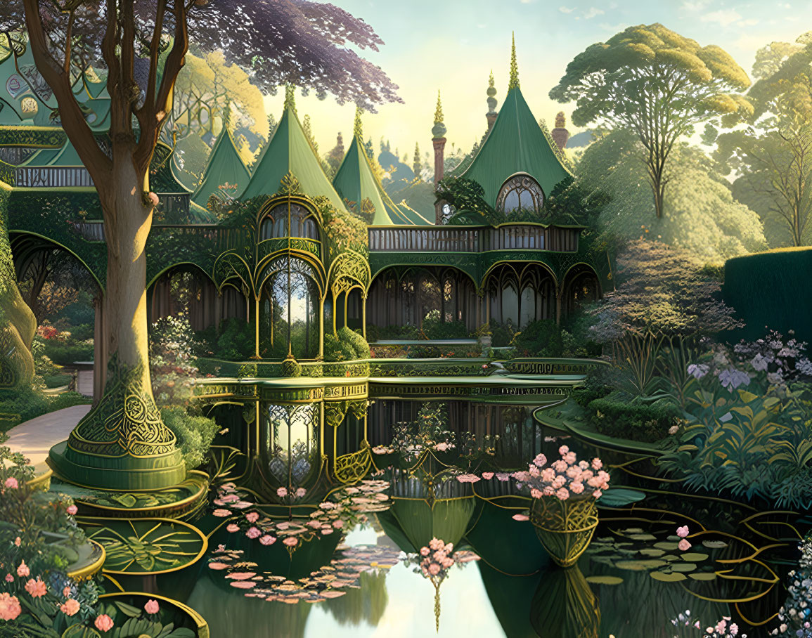 Verdant fantasy botanical garden with ornate structures