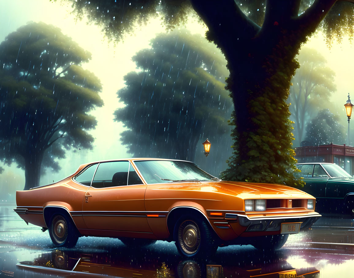 Classic car parked on rainy street at dusk with lit streetlamps and trees, reflecting on wet pavement