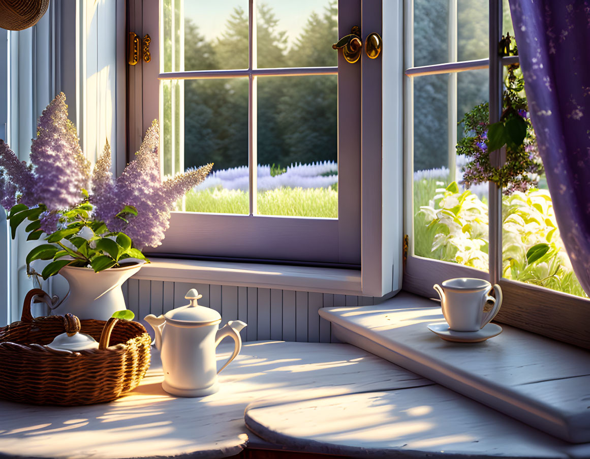 Tranquil windowsill still life with teapot, cup, basket, and plant in sunny garden