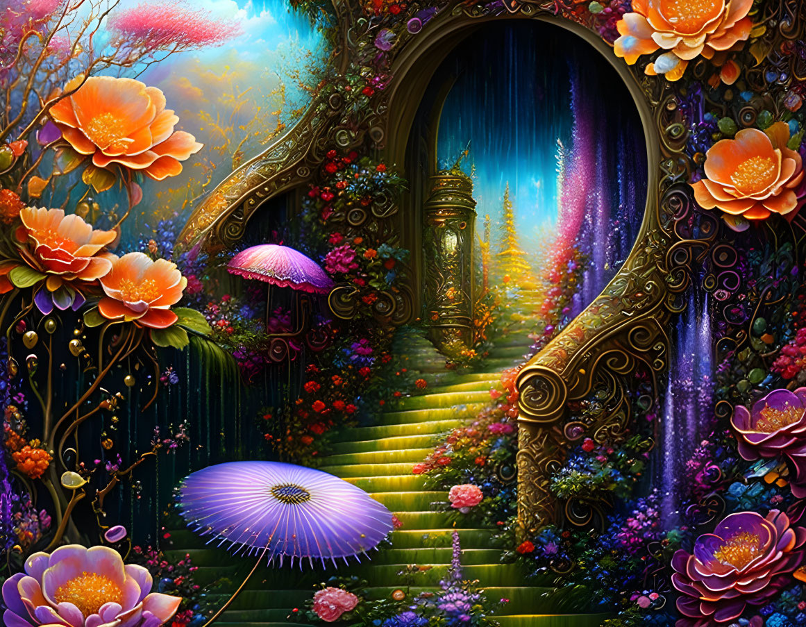 Colorful Blooming Flowers & Golden Doorway in Fantasy Garden