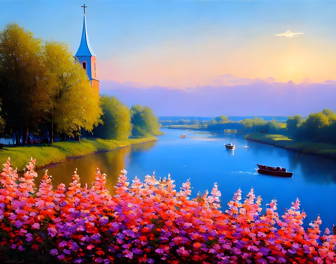 Tranquil landscape: pink flowers, river with boats, church spire at sunset