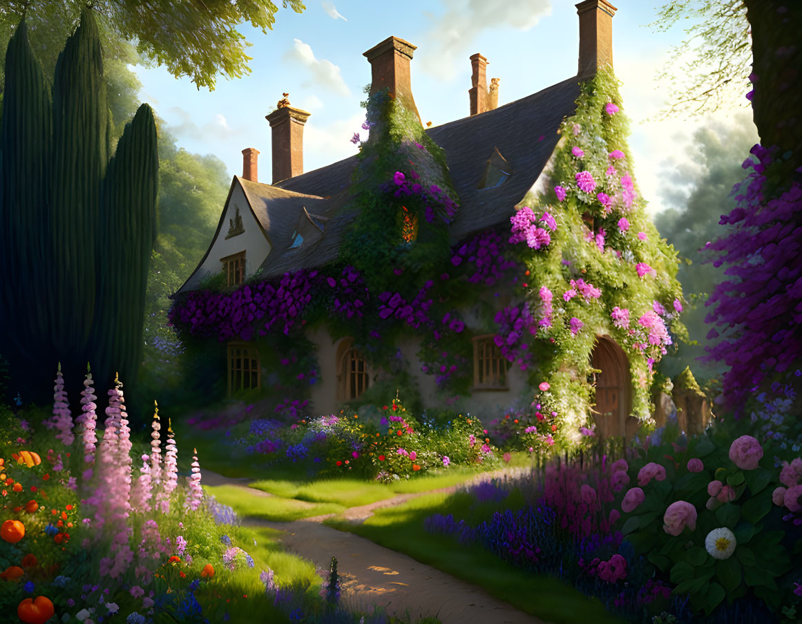 Charming cottage surrounded by blooming garden and purple flowers