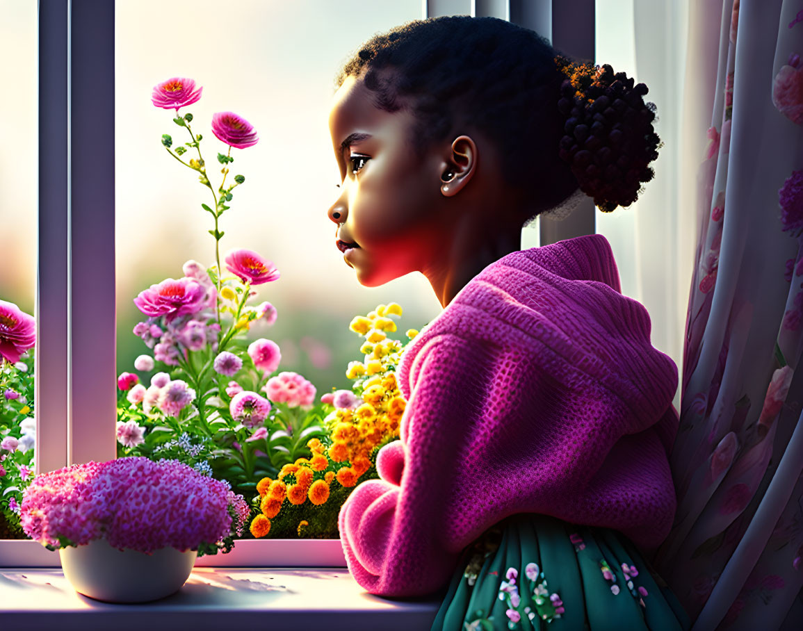 Young girl gazes out window surrounded by colorful flowers at sunset