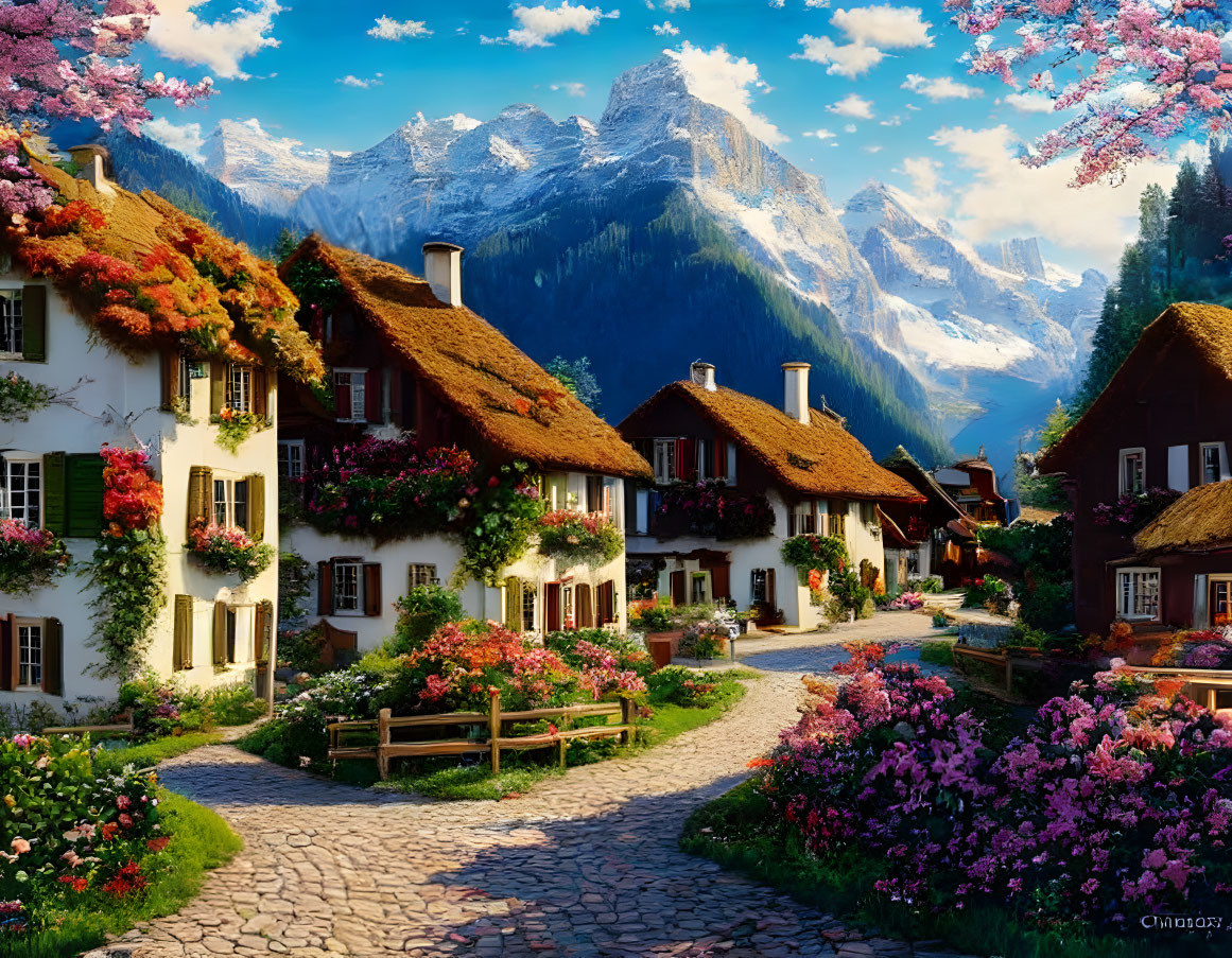 Charming village with cobblestone paths and snow-capped mountains