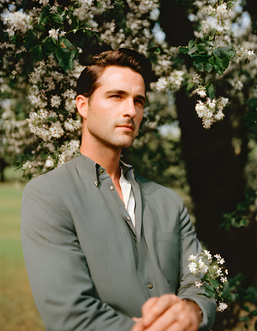 Man in green shirt by blossoming tree gazes into distance