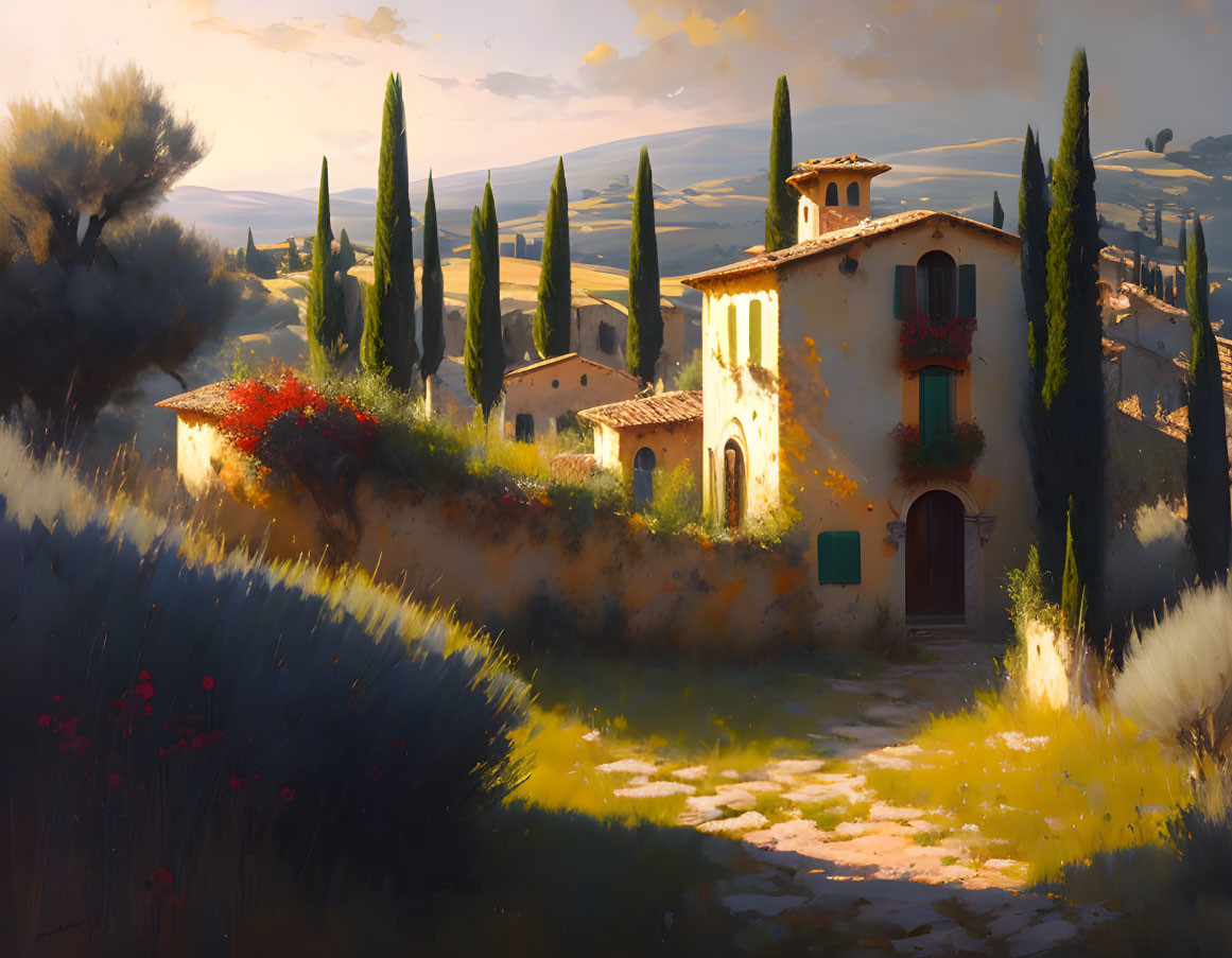 Tranquil landscape: rustic villa, lush greenery, cypress trees, warm sunset glow