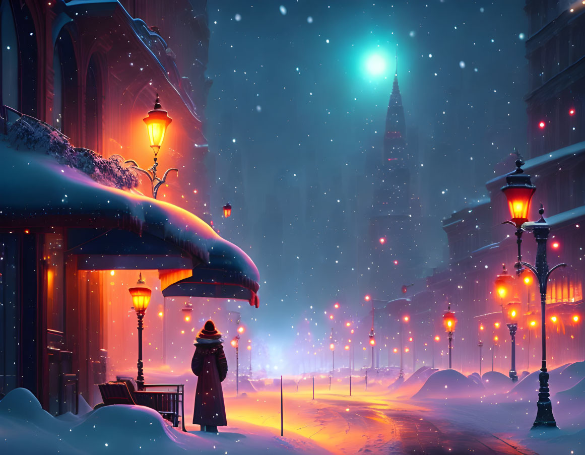 Snowy evening cityscape with person at lamppost and tower under starry sky