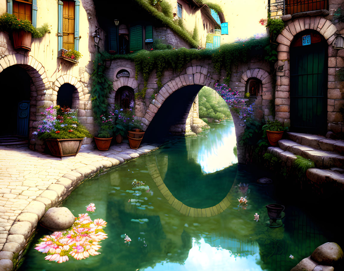 Stone bridge over serene canal with charming buildings and lush greenery.