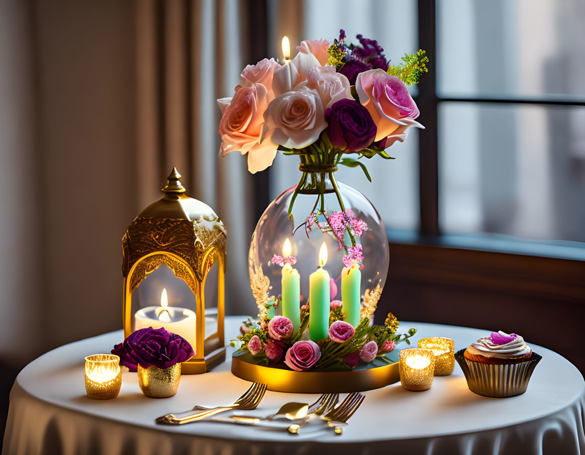 Table setting with candles, lantern, floral centerpiece, and cupcake by window